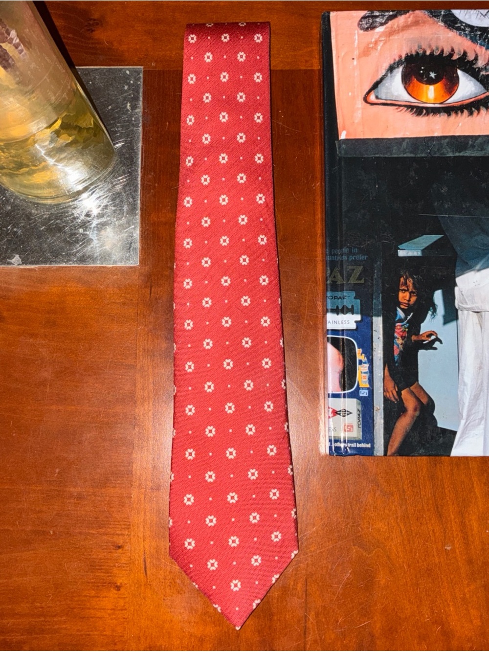 ISAIA Napoli 7 Fold Red Silk/Cotton Tie White Geometric Pattern Italy